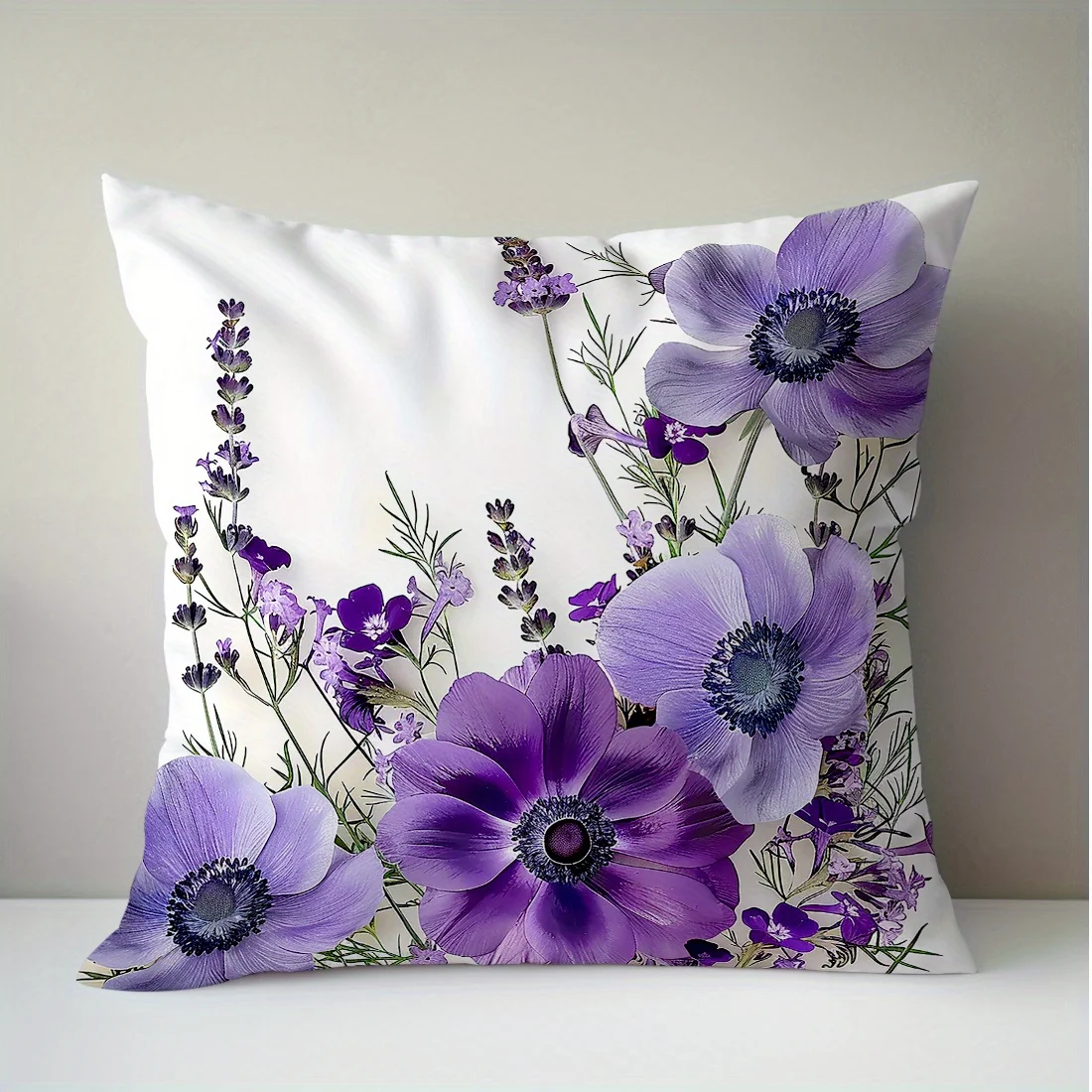 Lila Anemonen-Lavendel-Kissenbezug, Vintage Botanischer Blumendruck, Boho Wildblumen-Kissenhülle für Sofa, Bett, Couch, Heimdekoration
