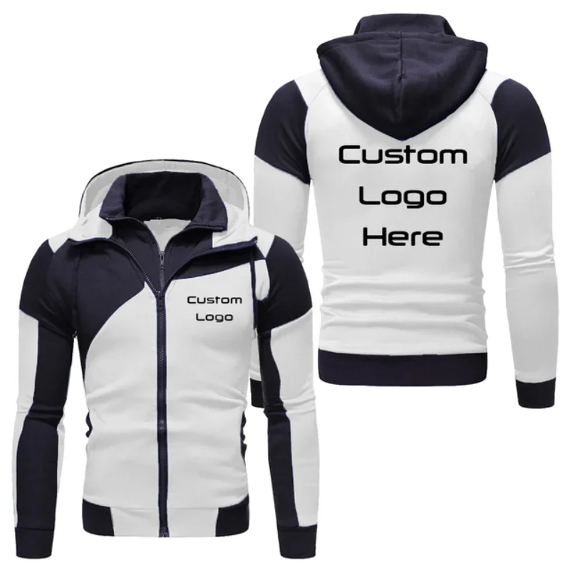 New Men's Custom Logo Hoodies Fashion Double Zipper Patchwork Long Sleeve Jacket Hip Hop Harajuku Clothing Custom Your Logo