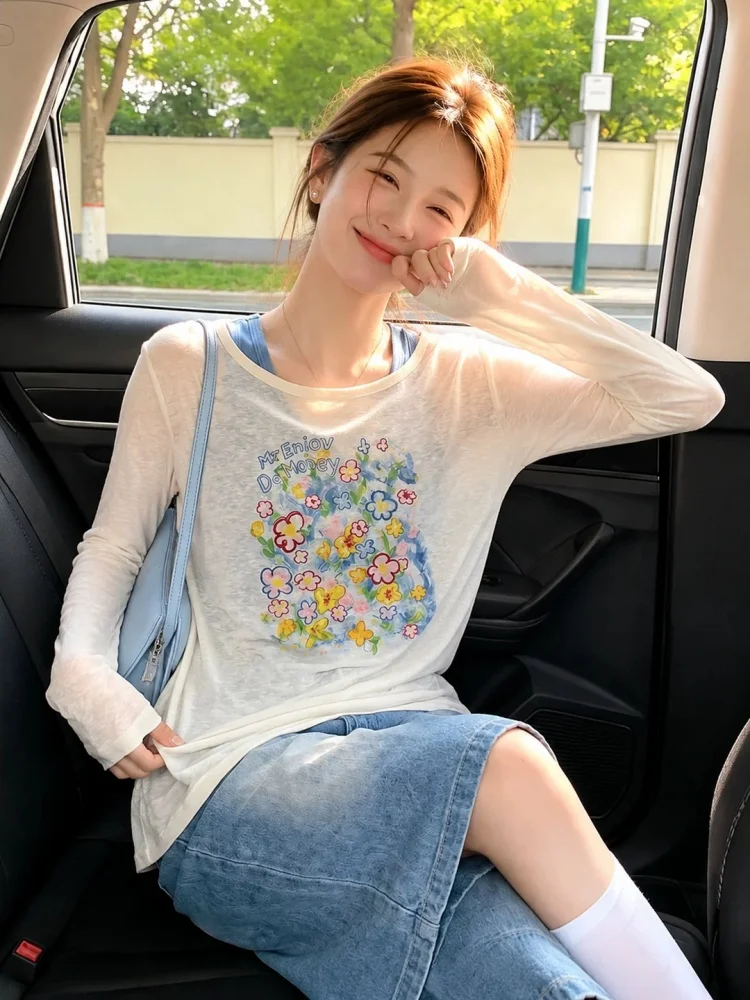 Spring Autumn New Style Thin White Long Sleeve Sun Protection T-Shirt Vest Two-Piece Casual Loose Top Trendy Korean Version