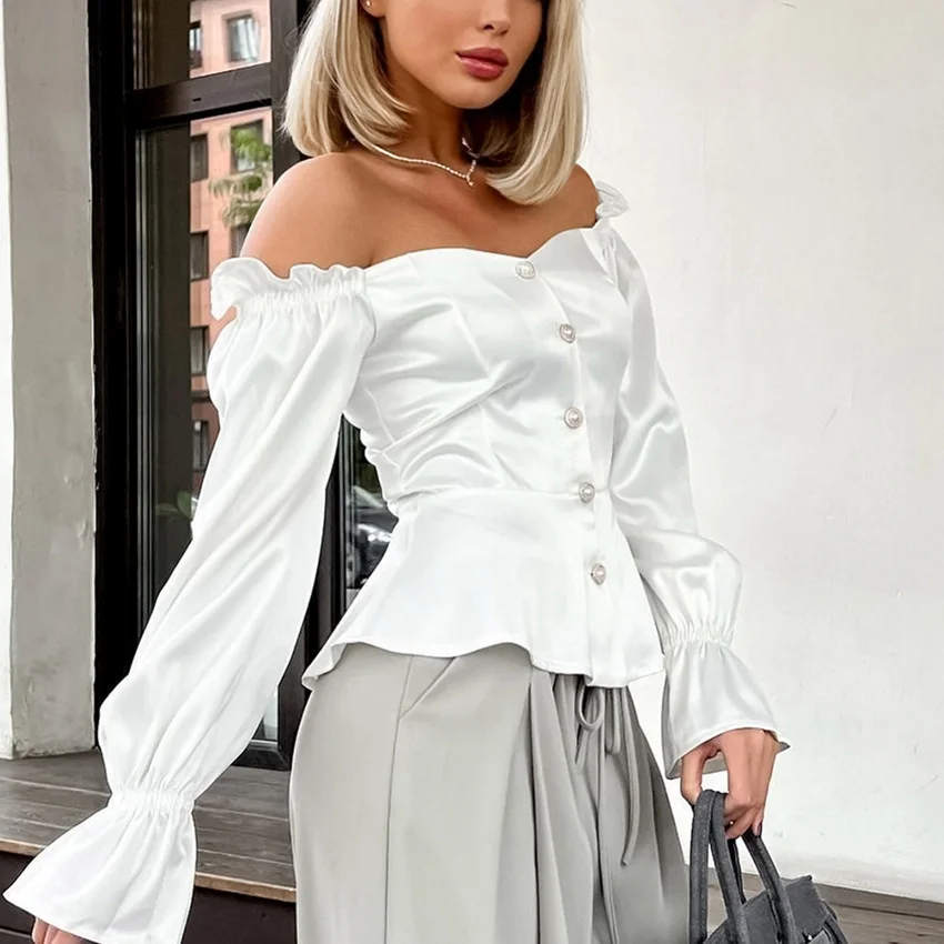 Elegant Women Shirt 2024 Autumn Winter Satin shirt White Ruffle Hem Buttoned Off Shoulder Strap Long Sleeve Slim Fit Blouse