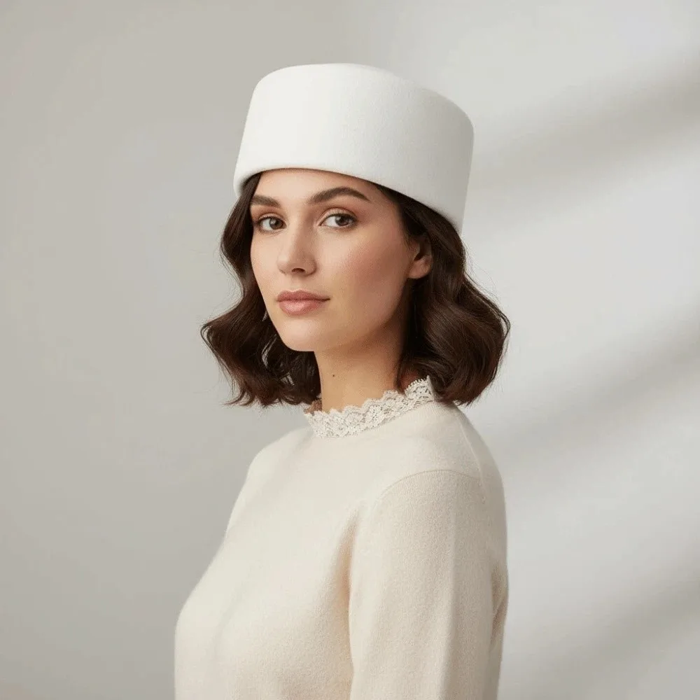 Uniform Stewardess Hat Vintage Looking Pillbox Hat French Style Air Hostess Woolen Top Hat Solid Color Dome Formal Hat Live Show