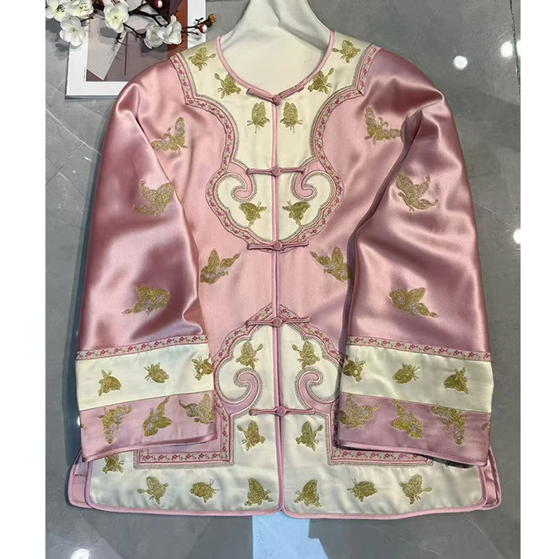 

Autumn Winter New Chinese Round Neck Acetate Fabric Ruyi + Gold Butterfly Embroidered Elegant Women's Cotton Jacket S-2XL