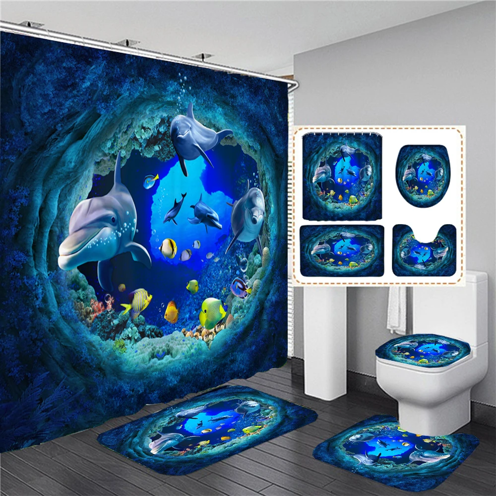 3D Sea Ocean Design Dolphin Shower Curtains Set Waterproof Fabric Bathroom Curtain Anti-skid Rugs Toilet Lid Cover Bath Mat