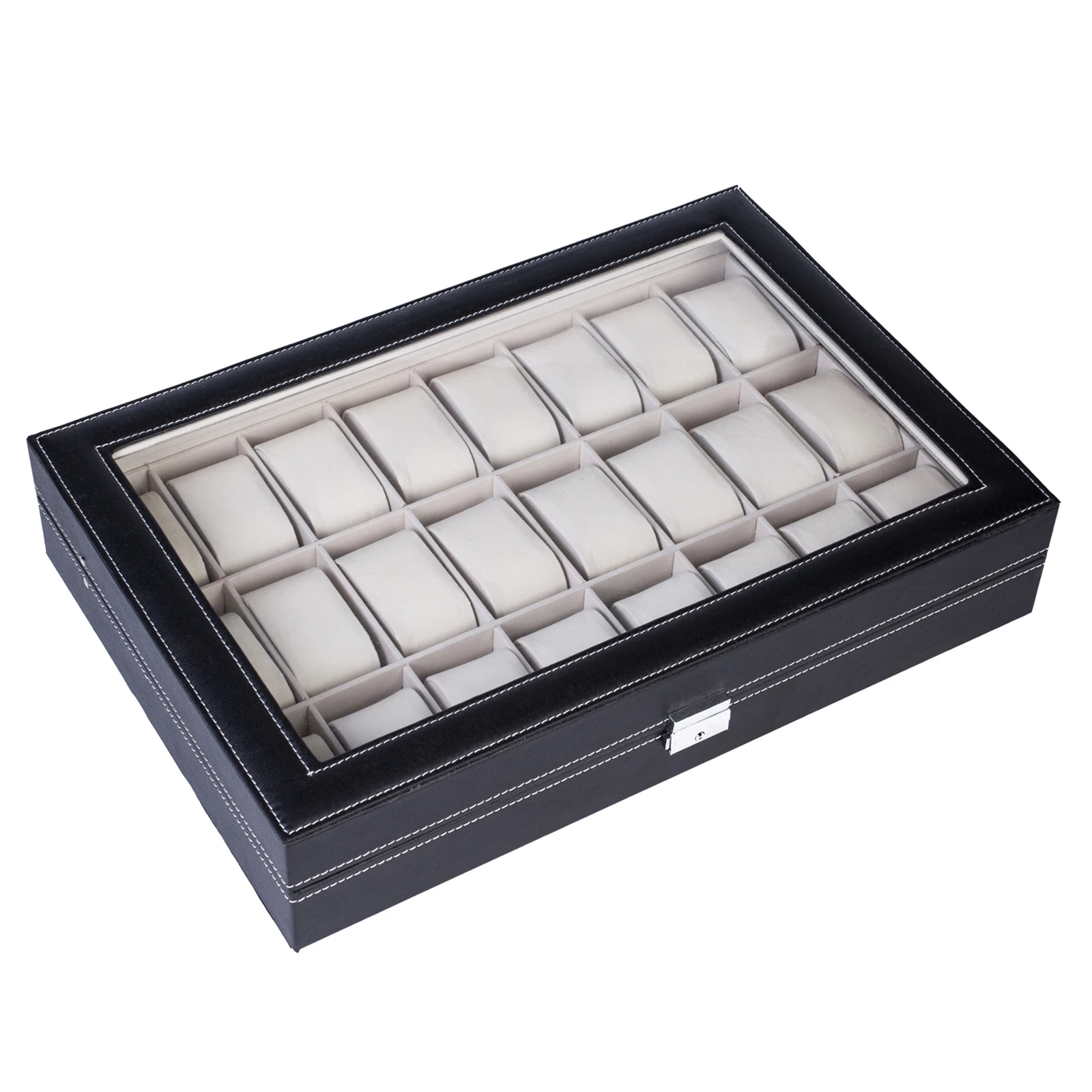 24 Compartments Top-level Opening Style Leather Watch Collection Box Black