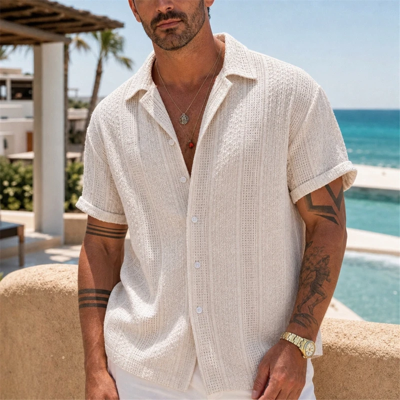 Textured Jacquard Drop Shoulder Short Sleeve Shirt for Men,Hollow Knit Summer Beach Breathable Casual Shirts / Camisa, Loose Fit