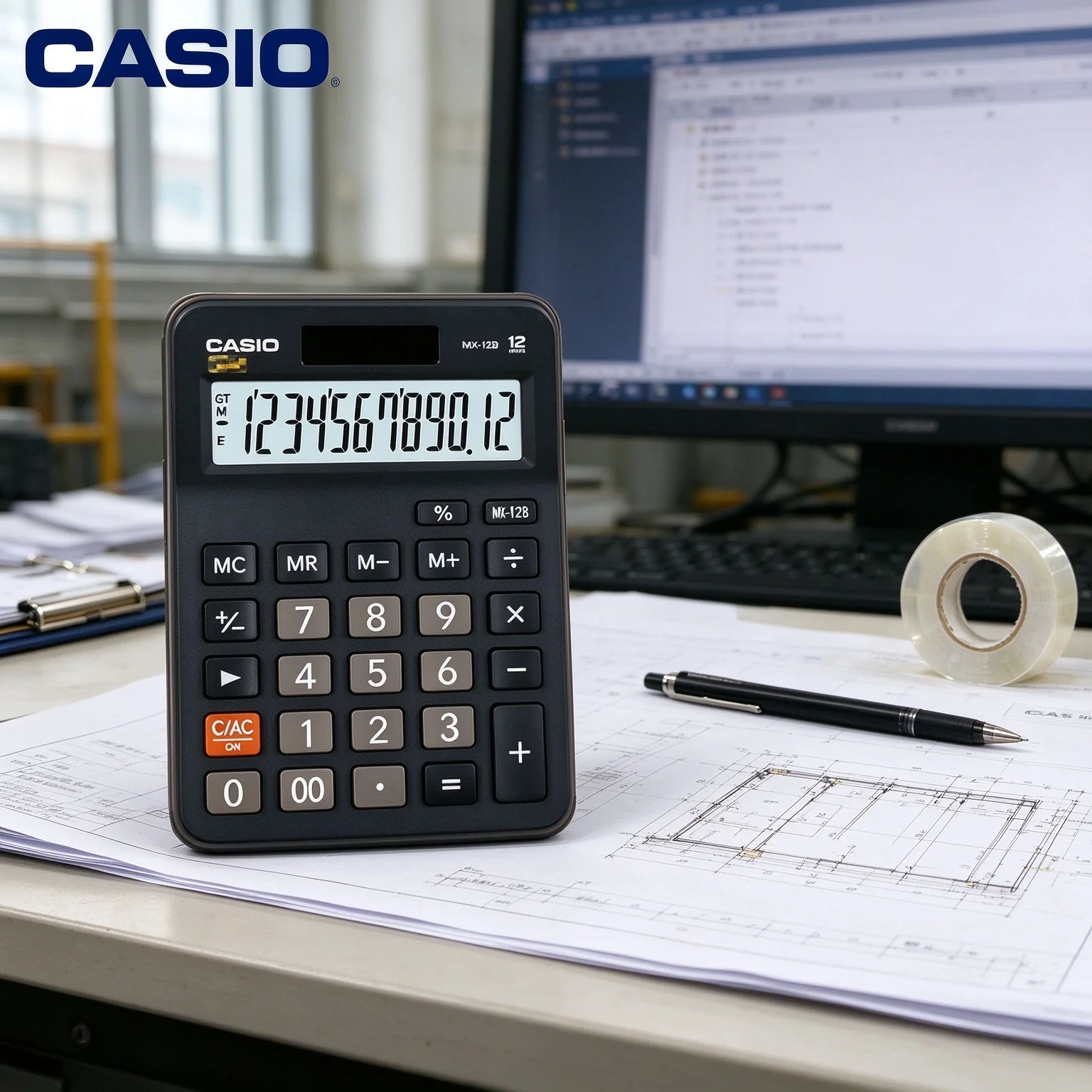 Casio Smooth Key Calculator MH12/DH12/DH14/MX12B/MX120B/AX12B/AX120B, for expense logs and daily business checking