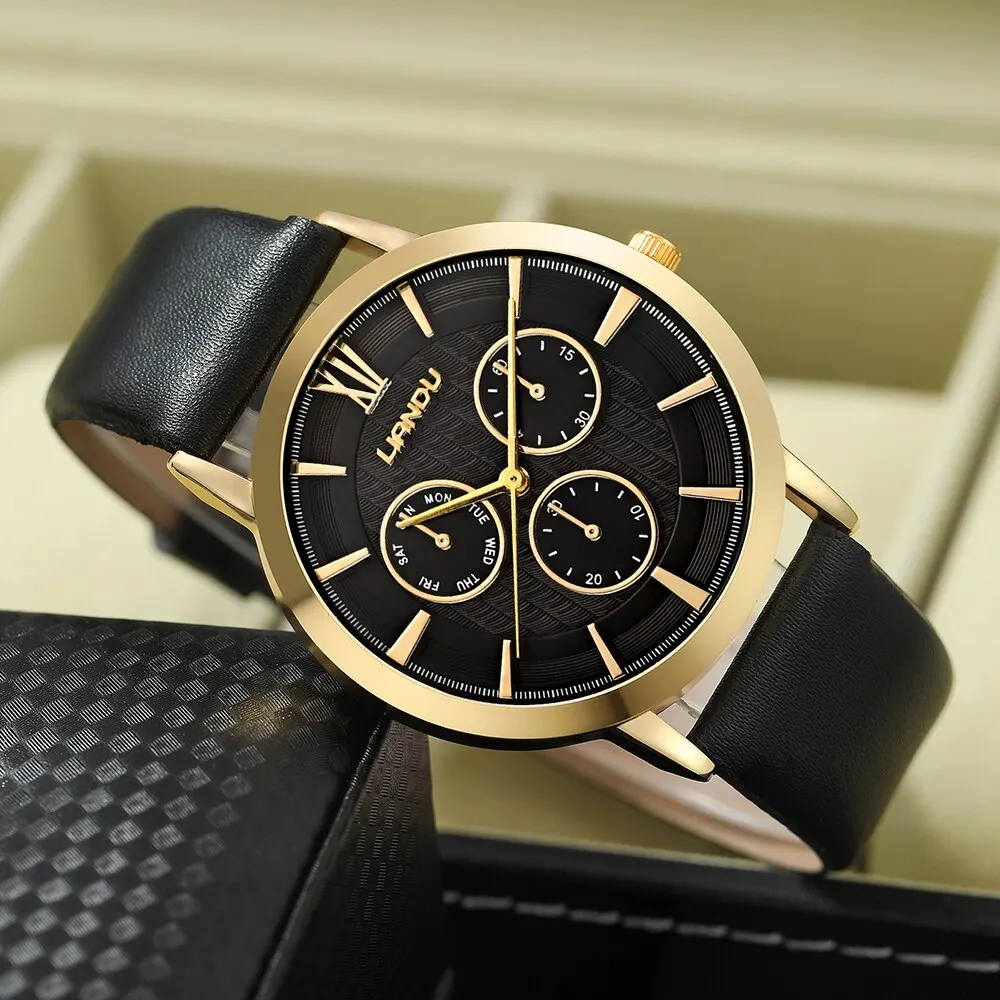 2pcs Black Leather Quartz Watch Bead Bracelet For Men Personality Round Watch Dial Watch Gold Lion Head Bead Bracelet Set