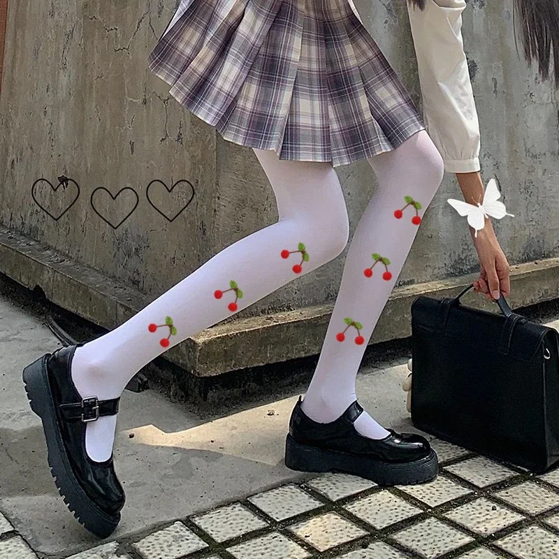 more cherry Tights White Velvet Pantyhose Cute Lolita Costume Korea Student Women Thigh High Stockings Hot Girl Underwear medias