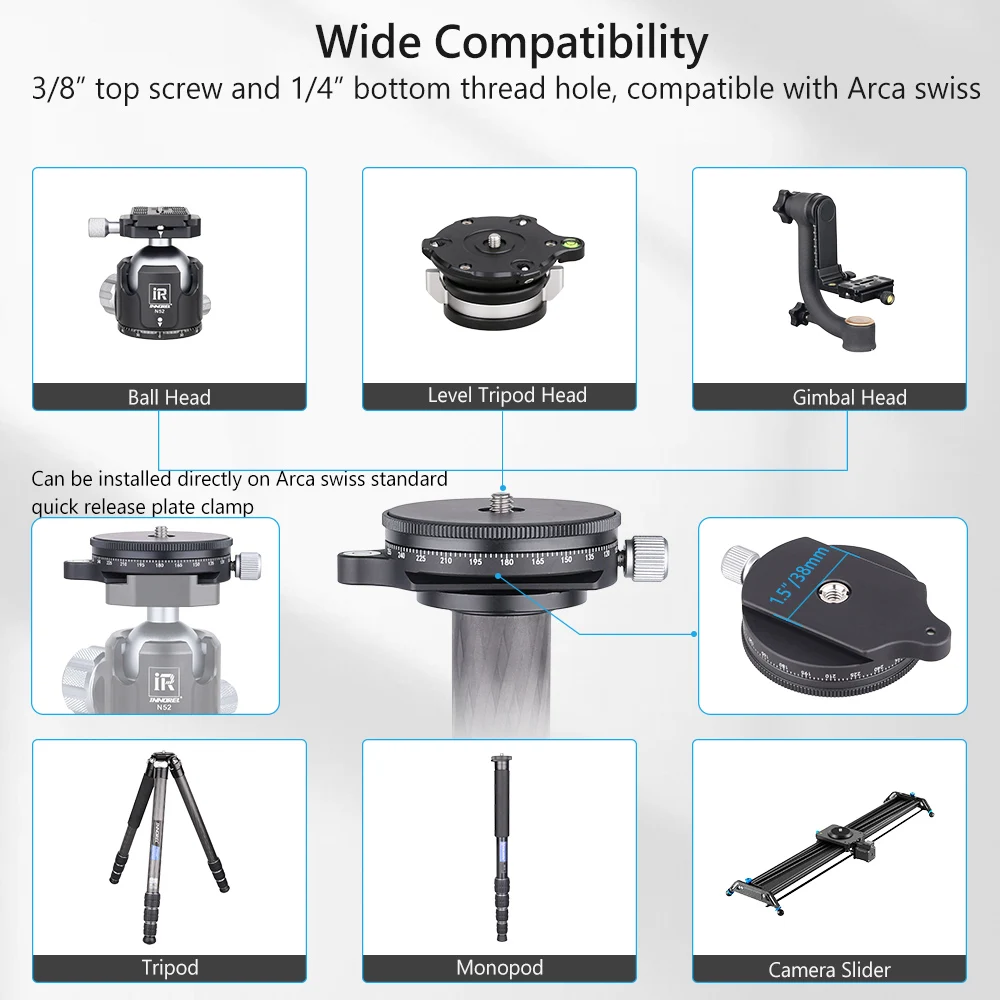 ARTCISE 360° CNC Aluminum Camera Panoramic Panning Base with Arca Swiss Style Plate for Tripod Monopod DSLR Cameras, Load 10KG