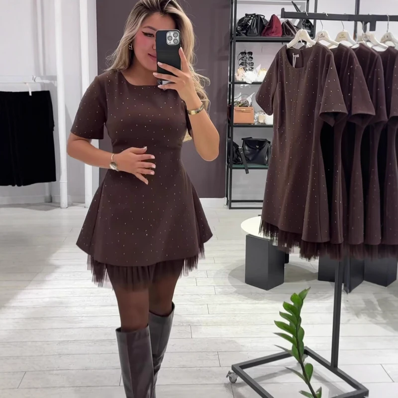 Elegante Frühling Herbst Frauen Kleid Kurzarm O Neck Diamant Spitze Patchwork Stretch Schlanke Taille A-line Form Mini Kleid