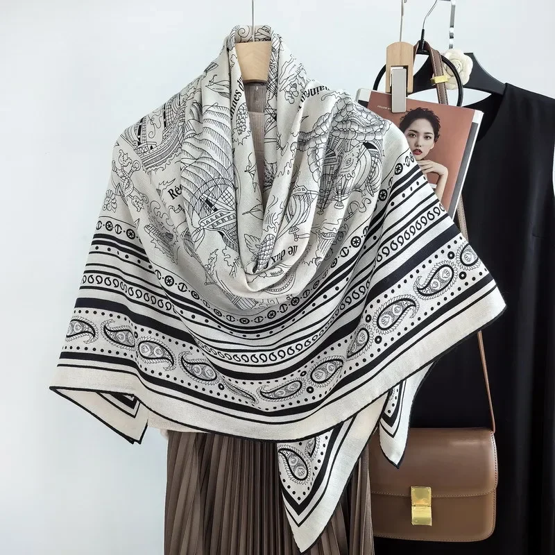 High-end Elegant Women Fine Sailor Tattoo Double Sided Different Colors Print Quality Silk Wool Hand-rolled Edge Big Scarf Shawl