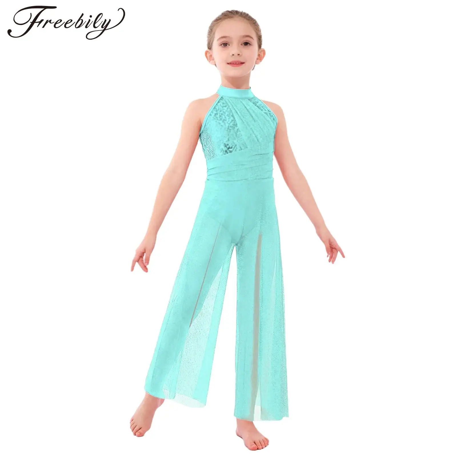 

Детский лирический танцевальный костюм для девочек, сетчатый комбинезон с высоким разрезом и широкими штанинами для соревнований, современная одежда для бальных танцев