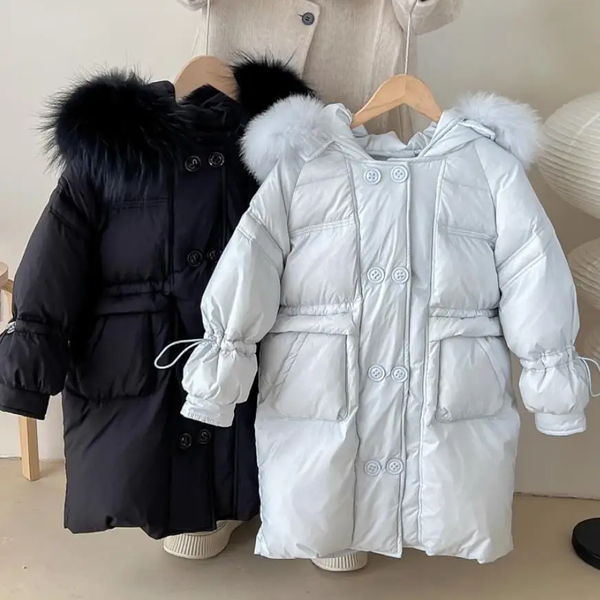 Winter New Children's Warm Coat Windproof Outdoors Outwear Real Fox Fur Design Hooded 90 White Duck Down Jacket  For Girls A3104