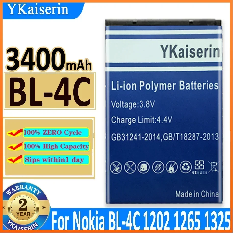 YKaiserin 3400mAh BL 4C BL-4C Replacement Battery For Nokia 1202 1265 1325 1506 1508 1661 1706 2220s Battery BL4C Batteries