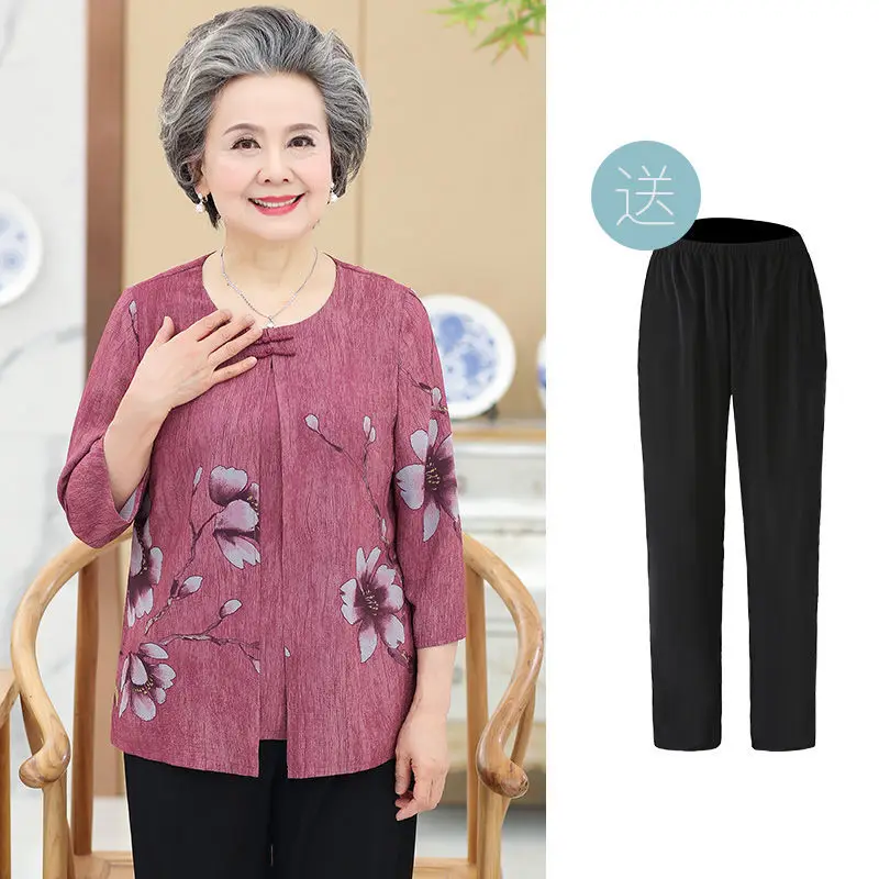 Retro Elderly Mother Spring Summer Fall Clothes 60-85 Years Old Grandma T-Shirt Pant Suit 2 Piece Sets Womens Outfits XL-6XL