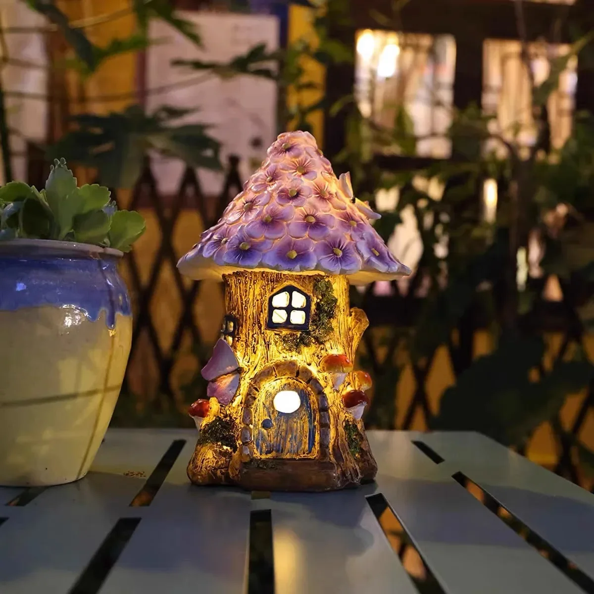 Artigianato casa dei fiori in miniatura luci a LED solari giardino fata passerella all\'aperto girasole resina Cottage luci natalizie decorazione