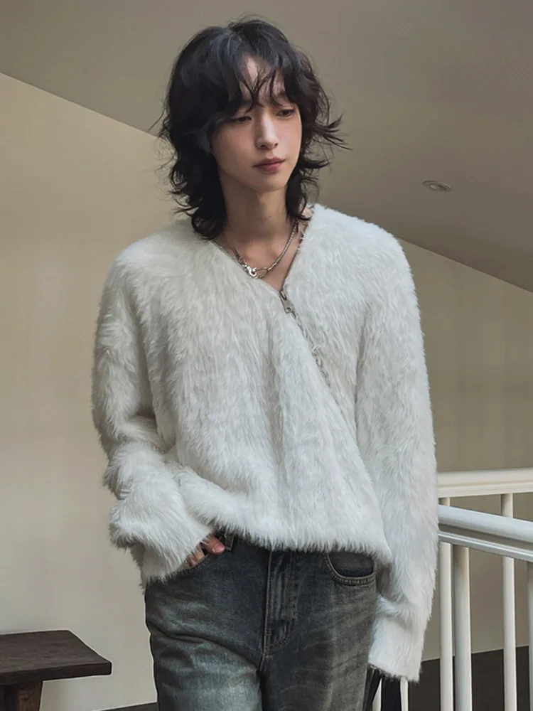 

SYUHGFA 2025 зимние мужские мягкие свитера на молнии с v-образным вырезом, нишевый дизайн, однотонные вязаные топы, пуловер, свободная мужская одежда