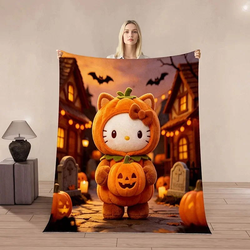 Hello Kitty Halloween Flannel Throw Blanket, Sheer Ghost Veil Print, Warm Lightweight, Lounging Reading Halloween Gift For Girls