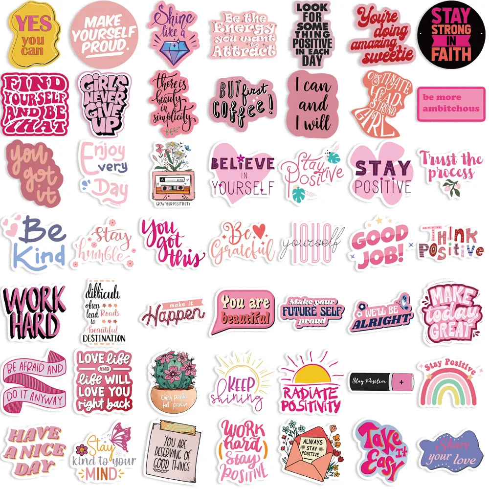 50pcs Pink Motivational Phrases Cartoon Graffiti Stickers Phone Guitar Laptop Notebook Suitcase Water Bottles Waterproof Sticker