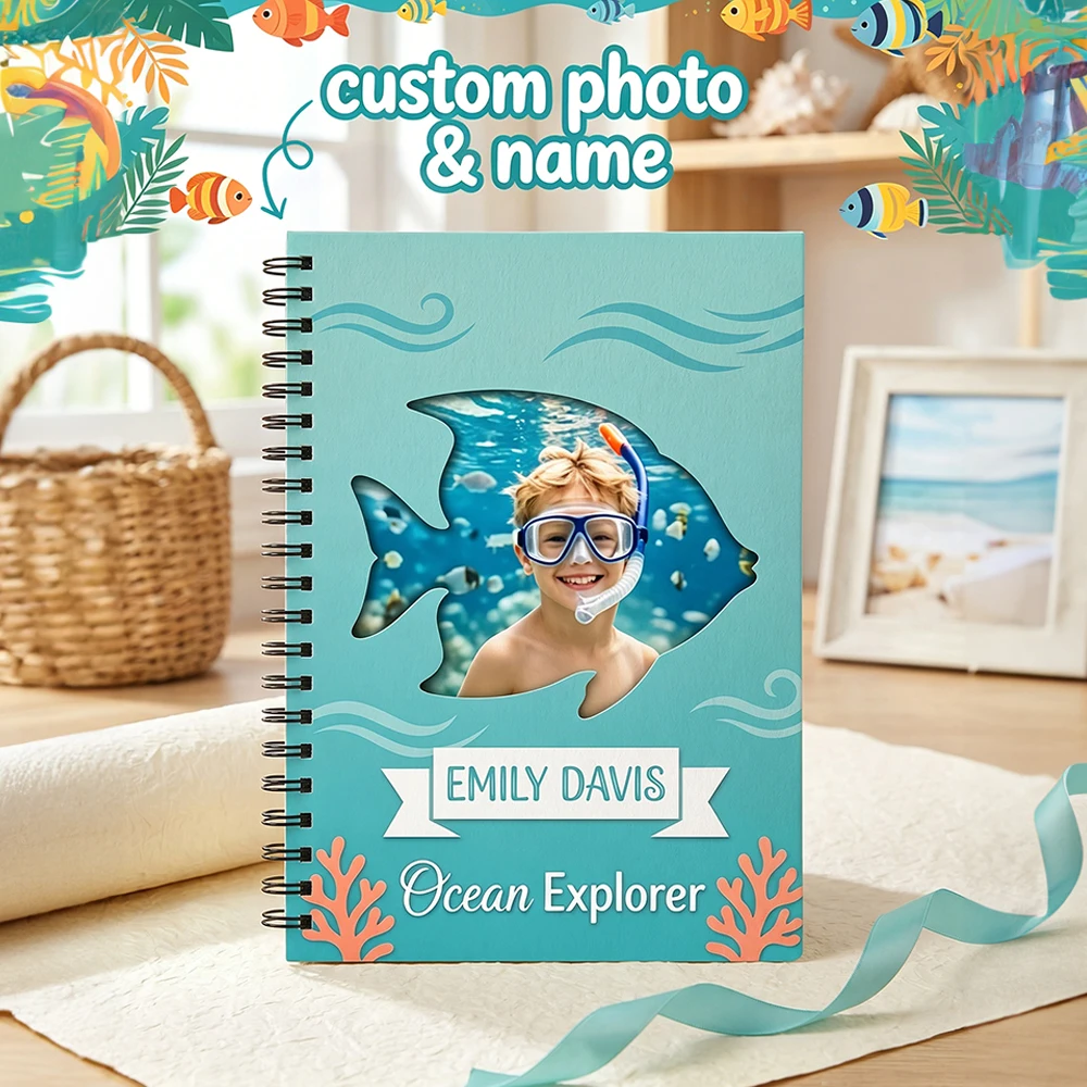 Personalized Custom Photo Spiral Bound Notebook,Custom Name Hardcover Writing Notepad,Ocean Explore Design,Children’s Day Gift