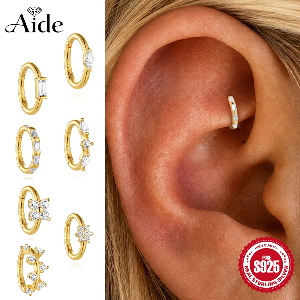 AIDE 925 Sterling Silver Horse Eyes/Square CZ Zircon For Women Exquisite Huggies Cartilage Helix Piercing Hypoallergenic Earring