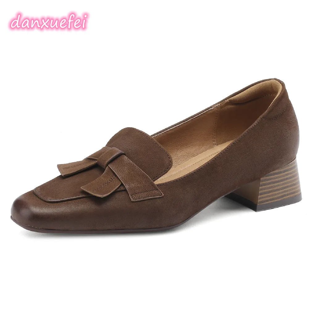 

danxuefei plus size 34-42 women's genuine leather 4cm thick low heel square toe slip-on pumps sweet bowtie casual daily shoes