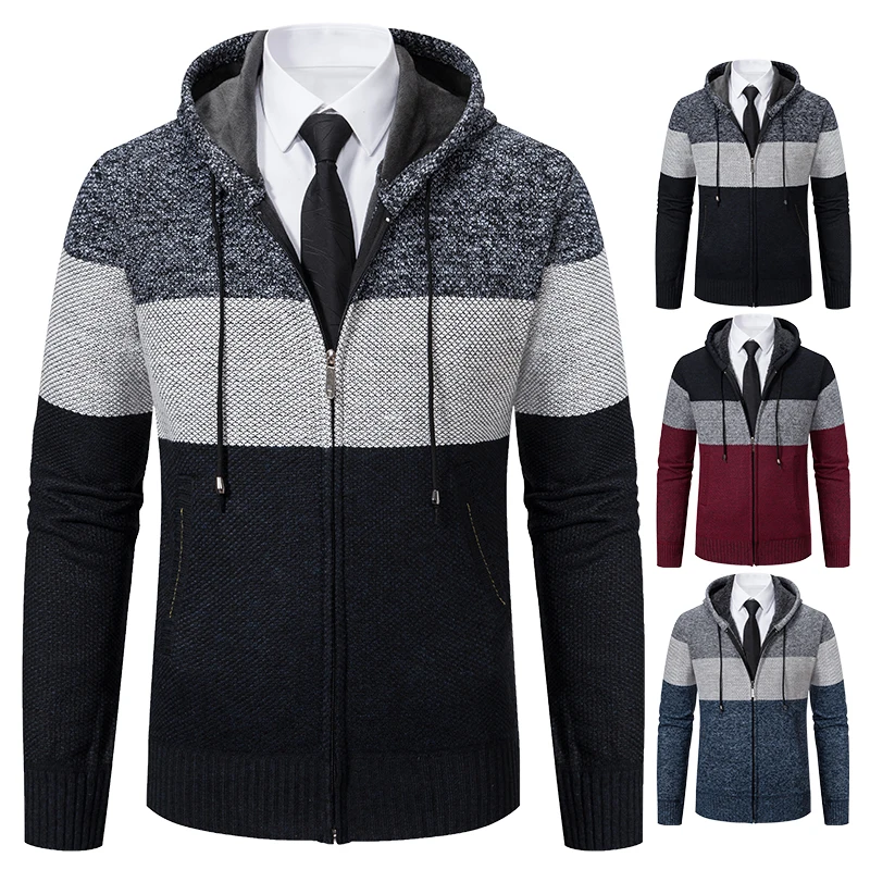 Men\'s Thick Warm Cardigan Striped Fleece Sweater Coat Hooded Jackets Jumper Coar with Cap Y2K Male Clothing