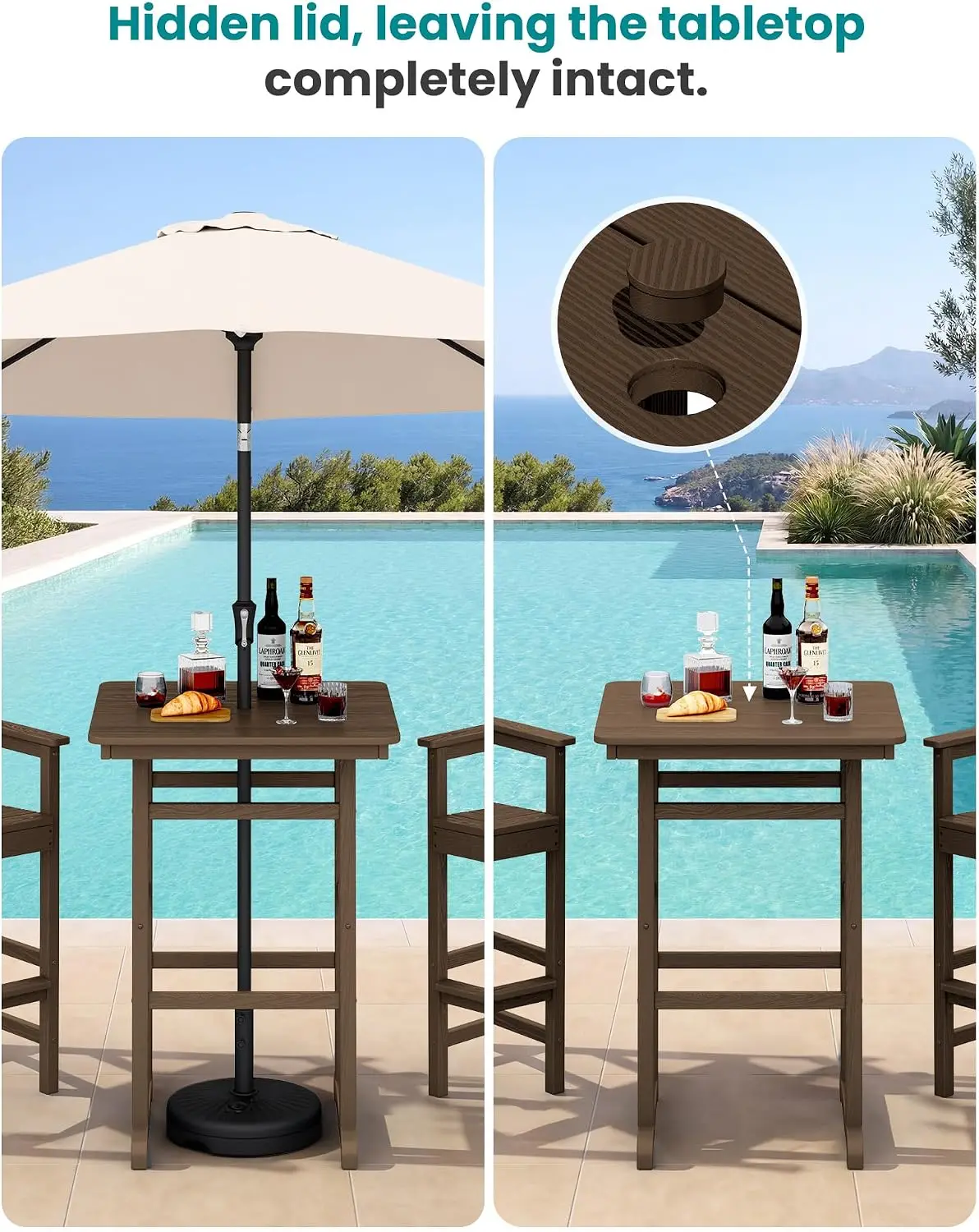 3 Pcs HDPE Bar Height Adirondack Chairs and Bar Table Set Weather Resistant High Top Patio Furniture Bistro Set for Backyard Balcony Porch Poolside Coffee