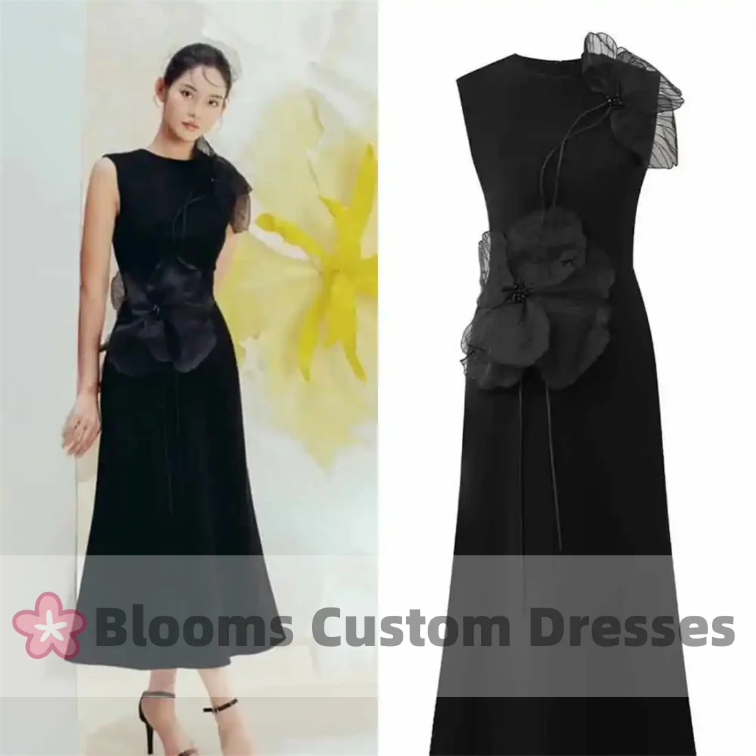 

Blooms Black Exquisite Evening Dress Flower Beading Ruched A-line Sleeveless Bespoke Occasion Gown Midi Dresses Elegant Party