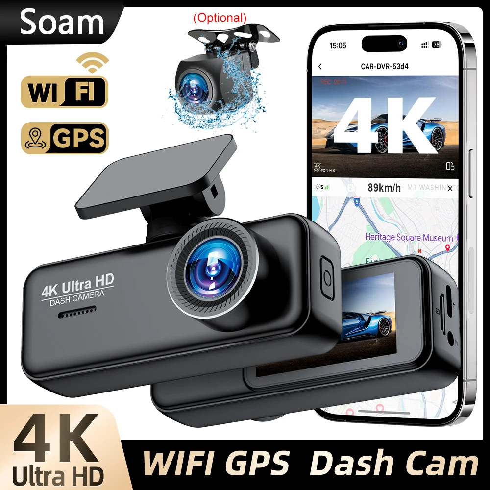 Soam 4K Ultra HD Dash Cam Car DVR Recorder Front and Rear Cam 170° wide Angle WIFI GPS Car Camera WDR Night Vision APP control 