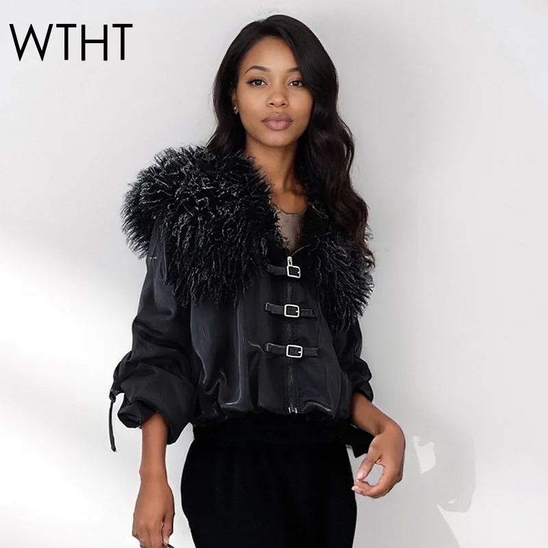 

WTHT Fashion New Women's Spliced Plush Collar Belt Buckle Cotton Jacket 2025 Winter Trendy Long Sleeves Warm Coat Female 1LS2637