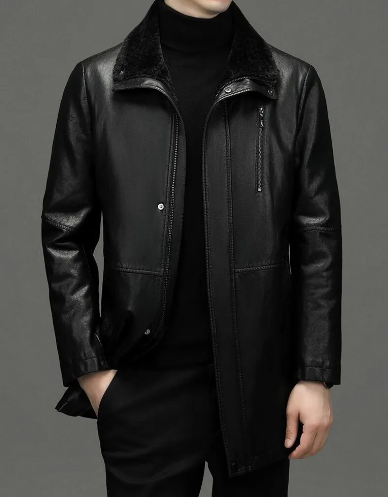 2023 Turn-down Collar Leather Men's leather jacket autumn and winter medium length leather windbreaker warm fur one-piece coat