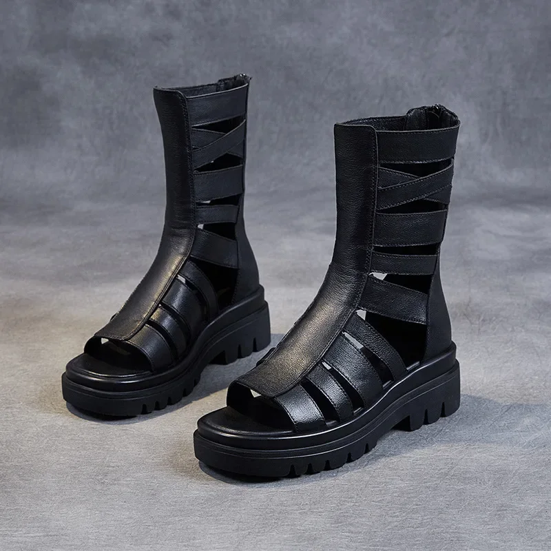 Back Zipper Retro Women Boots Cowhide Platform Gladiator Women Sandals Summer Flats Black Boots Wedge Leather Women  Shoes