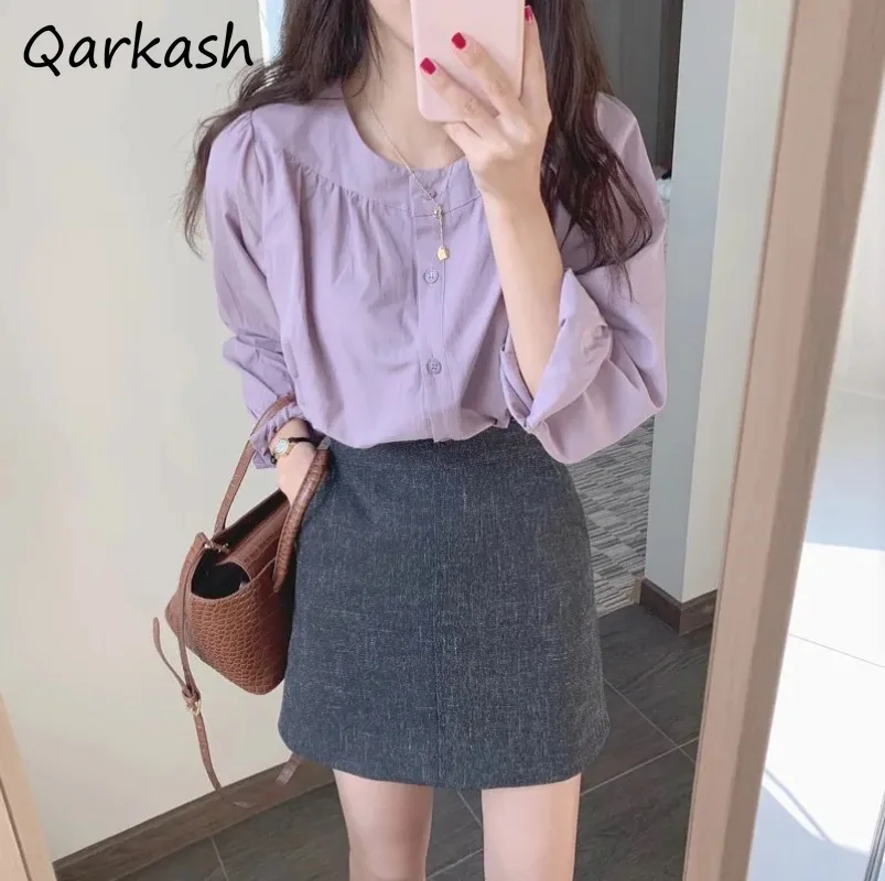 Long Sleeve Women Shirts Purple Office Lady Casual Loose Elegant O-neck Single Breasted Temperament Design Summer Soft Trendy