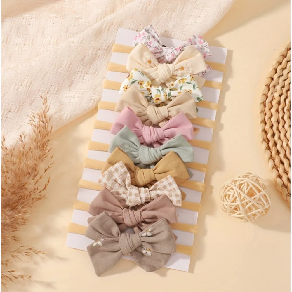 

10 шт./компл., повязка на голову с цветочными бантиками, хлопковые эластичные повязки на голову для маленьких девочек, мягкий нейлон, головные уборы для новорожденных, детские аксессуары