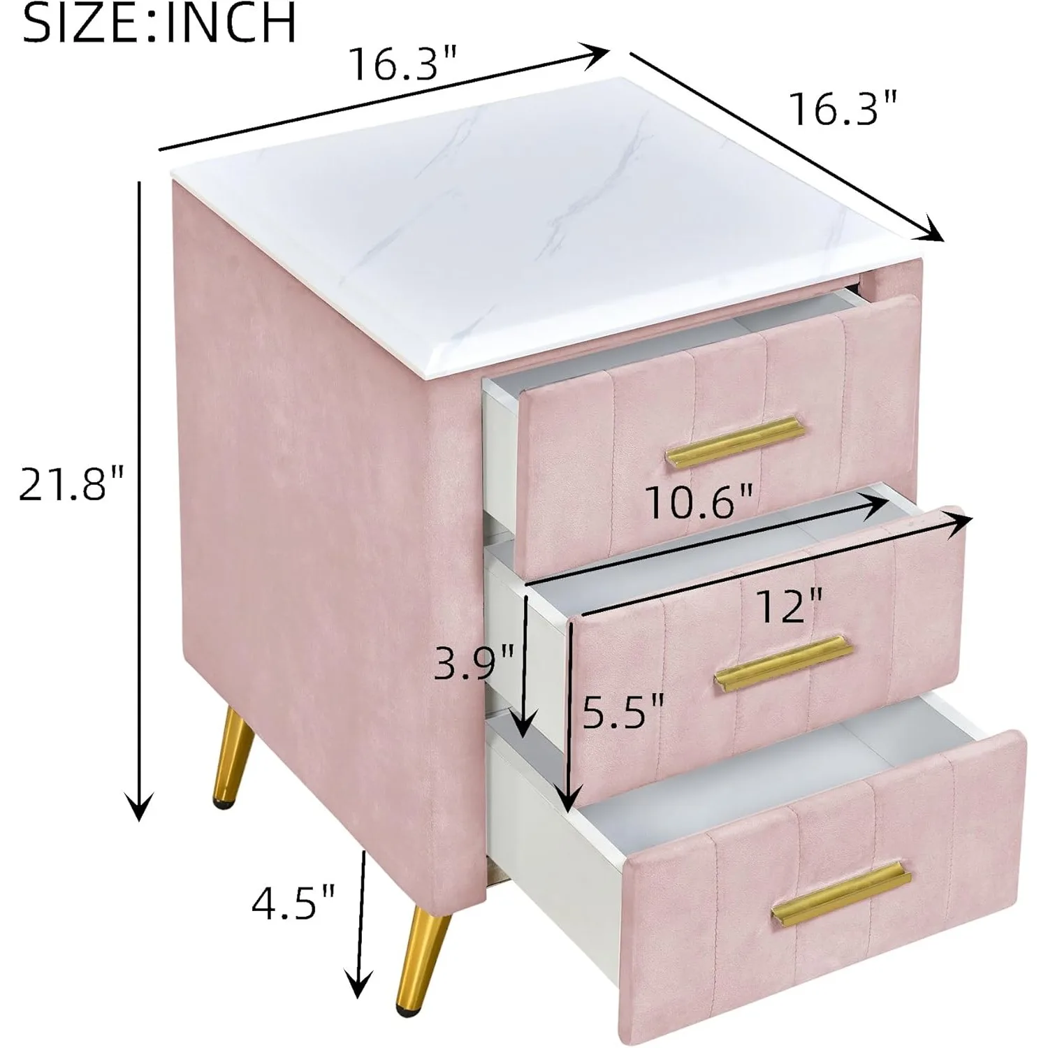 Nightstand with Drawers Set of 2, Upholstered Wood Bedside End Table with Marbling Top, 2 Pack, Pink and Pink