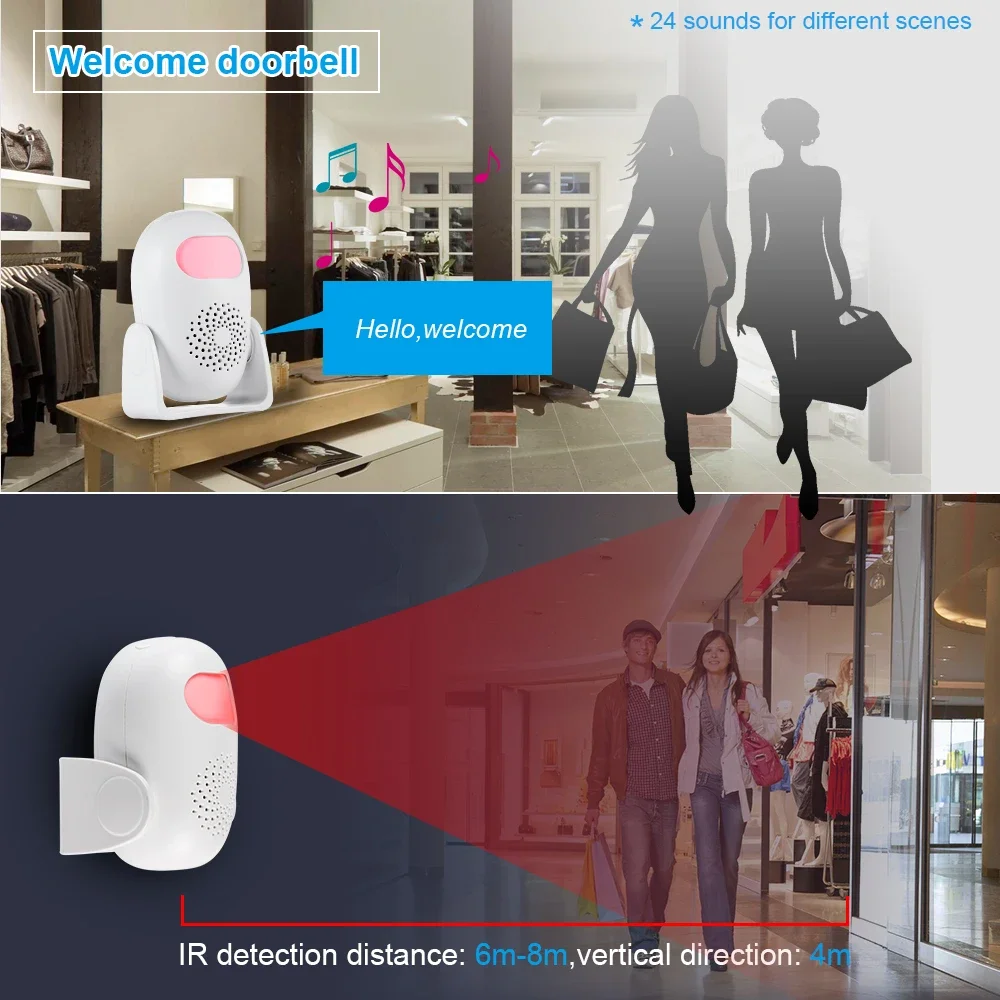 كاشف حركة KERUI PIR مع إنذار وصوت 100 ديسيبل، مستشعر حركة LED، كاشف إنذار ترحيب بالأشعة تحت الحمراء، إنذار ضد السرقة اللاسلكي