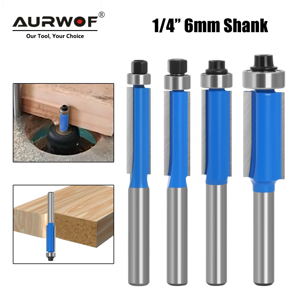 

AURWOF 4pcs 6mm 1/4 Shank High-quality Milling Cutter Flush Trim With Bearing Router Bit Set For Woodworking H06016 H07016