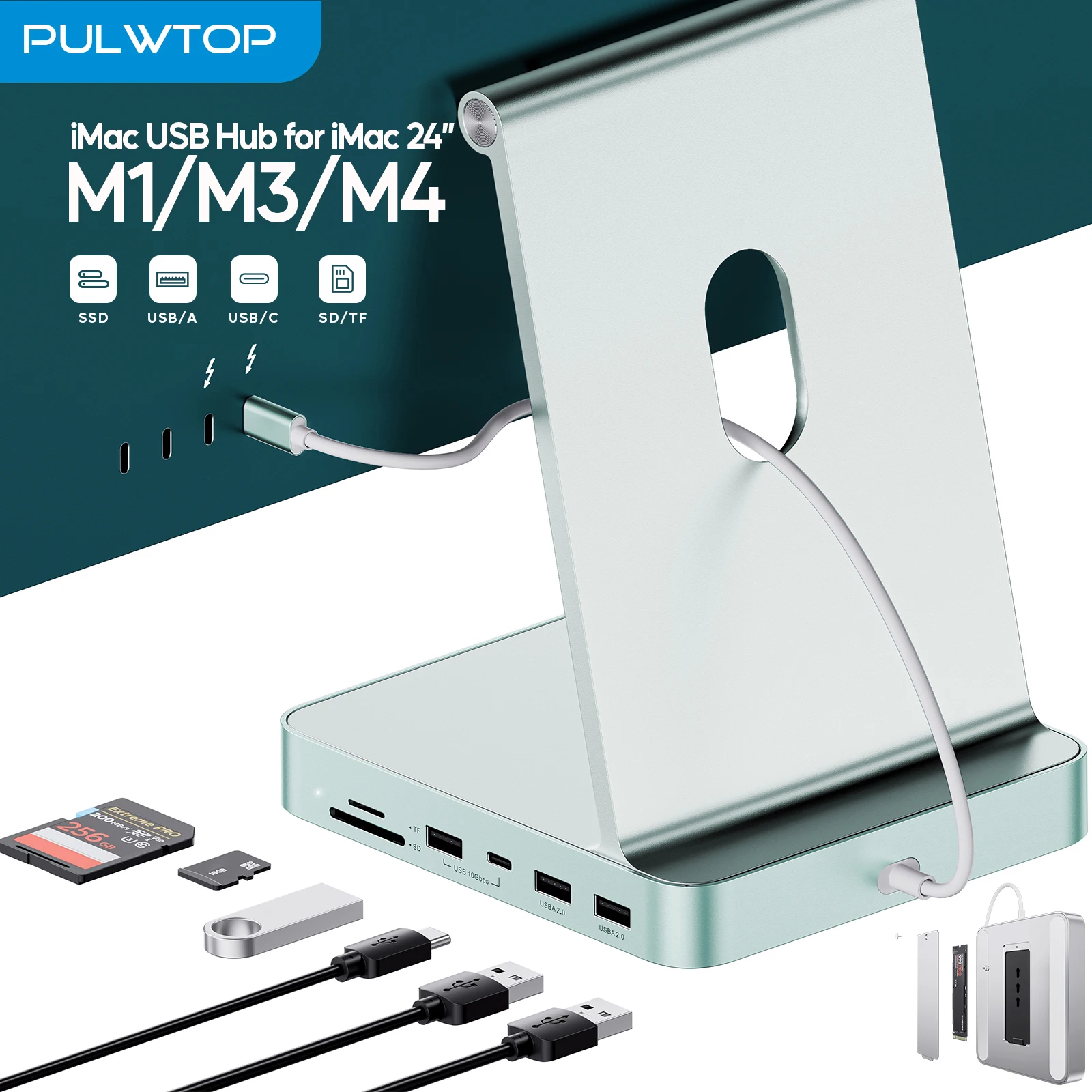 PULWTOP USB C HUB voor iMac 24 inch 2021/2023/2024, iMac Hub met USB C/A 10Gbps, SD/TF, ondersteuning voor uitbreiding M.2 SSD (NIET inbegrepen)
