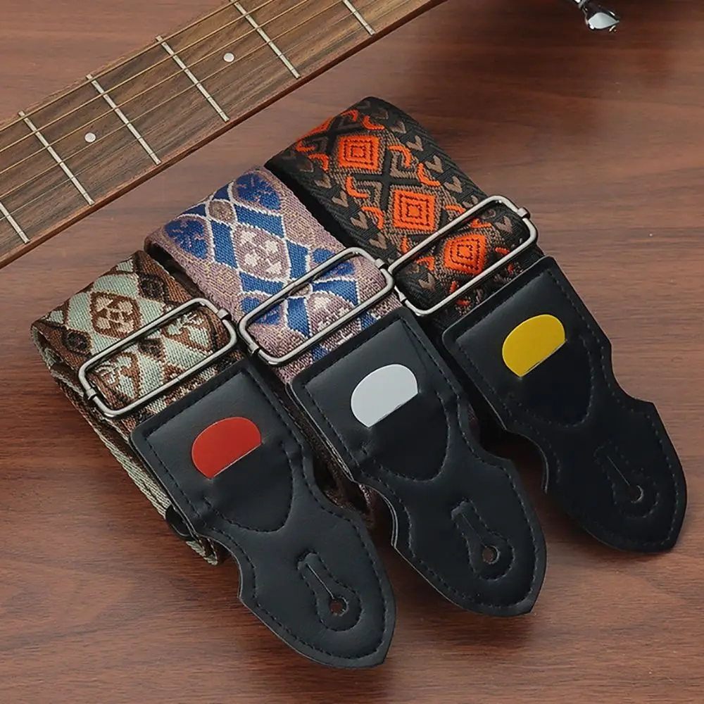 Ethnic Style Guitar Strap Fashion with Pick Clip Adjustable Guitar Crossbody Strap Embroidery Guitar Accessories Ukulele Straps