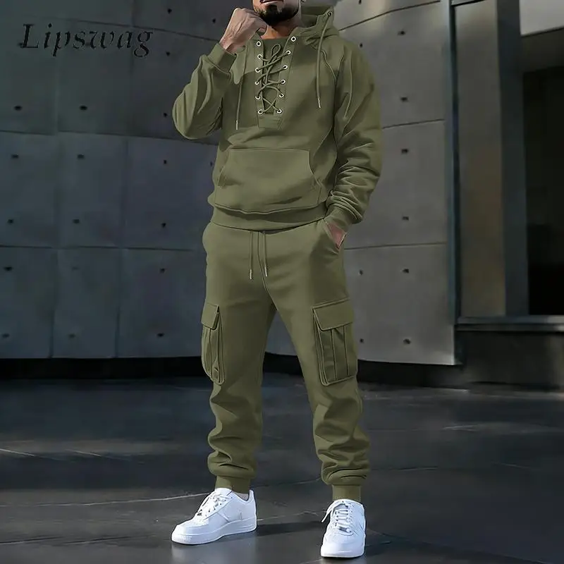 

Винтажные однотонные мужские костюмы-двойки: худи с длинным рукавом и брюки для весны и осени, повседневные модные комплекты