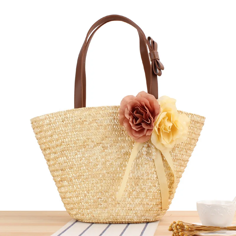 

New pastoral two-flower straw woven bag solid color shoulder handmade straw woven bag beach bag for women