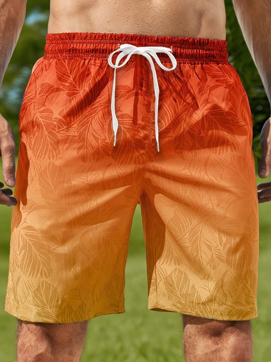 

Мужские плавки-шорты с градиентным принтом в виде листьев, модные, повседневные, для отдыха, с эластичным поясом, пляжные шорты