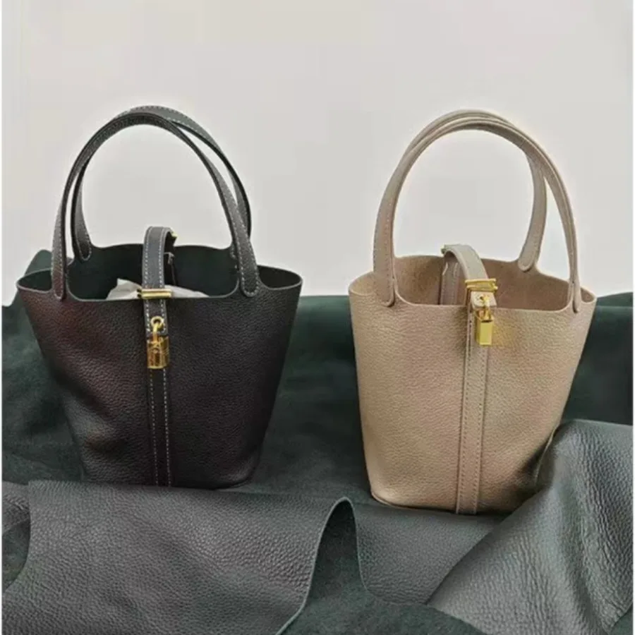 

2025 new gold buckle vegetable basket bag leather bucket bag large capacity handbag hand bag messenger bag