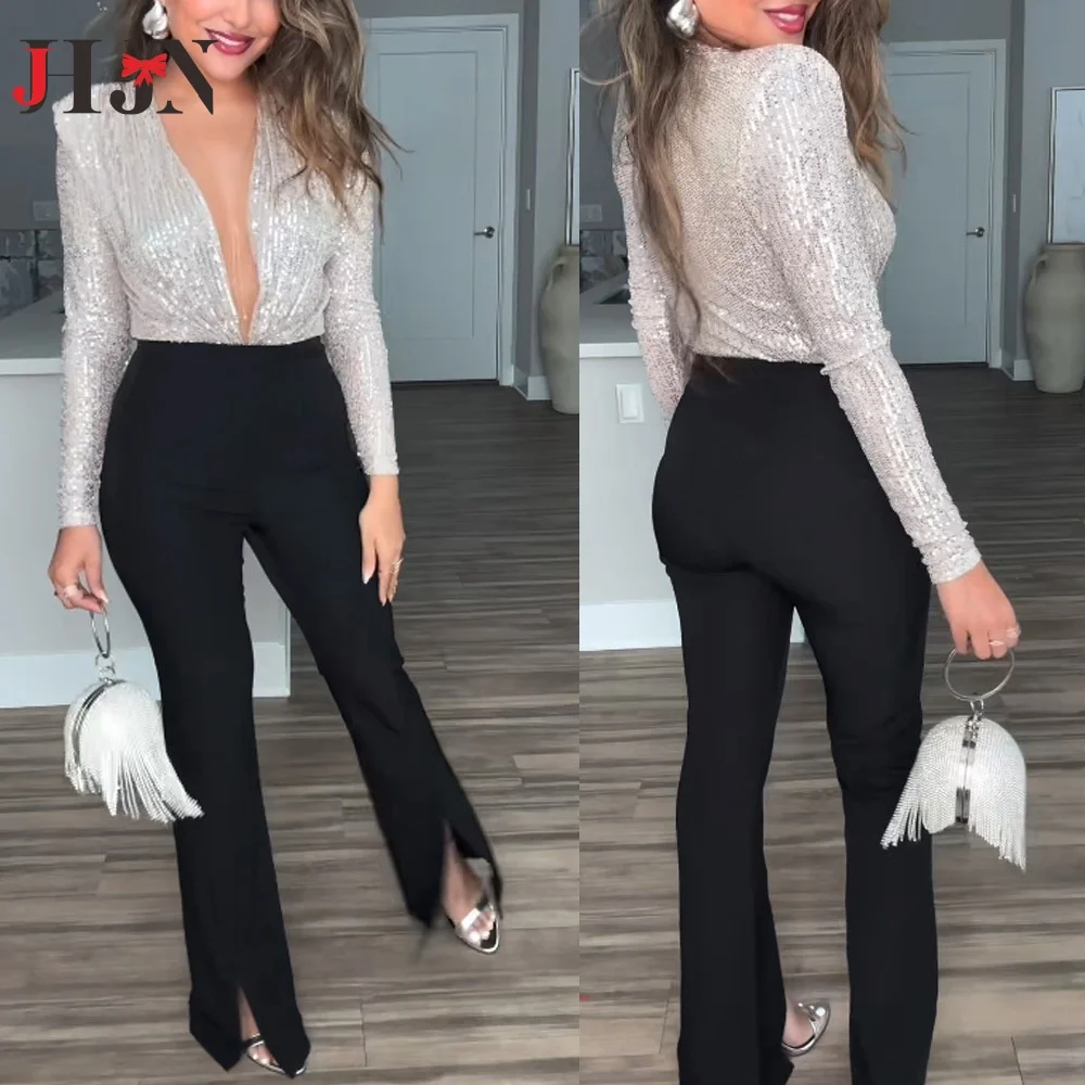 Sexy Beauty Plunge Allover Sequin Overlap Bodysuit Temperament Commuting Casual Women's Fashion Long Sleeve Skinny Bodysuits