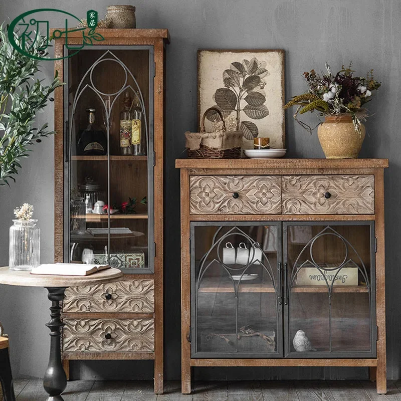 

American Rural Living Room Cabinets Retro Vintage Carved Dining Sideboards Solid Wood Glass Wine Cabinet Living Room Furniture