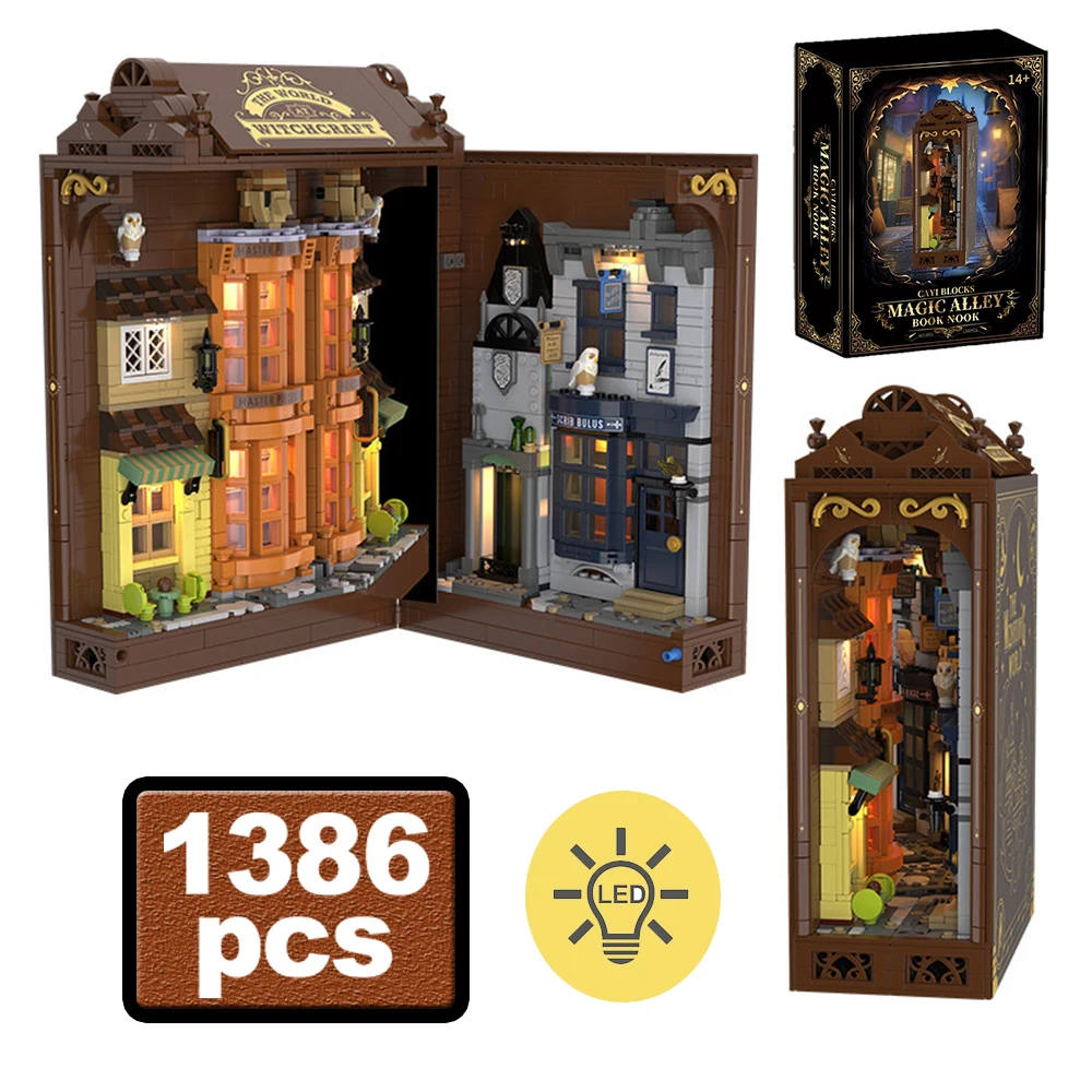 1386PCS MOC Magic Alley Book Bar Building Blocks With LED Expandable Creative Owl Magic Broom Desk Ornament Brick Toys Kids Gift