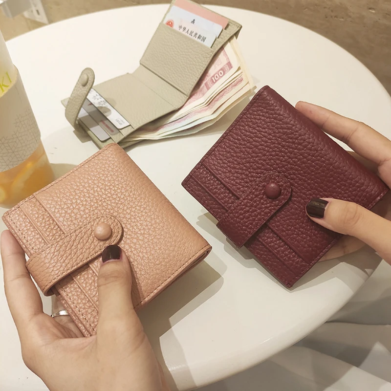 Full Grain 100%  Cow Leather Multi  Card Holder Wallet Womens Fashion Slim Snap Button Cash Pocket Purse with Zipper Coin Pocket