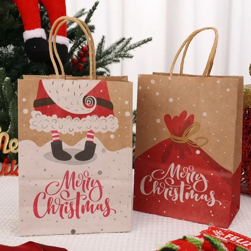 Sacchetto di carta Kraft Confezione natalizia Borsa di carta regalo Babbo Natale Pupazzo di neve Modello Buon Natale Decorazioni per feste a casa