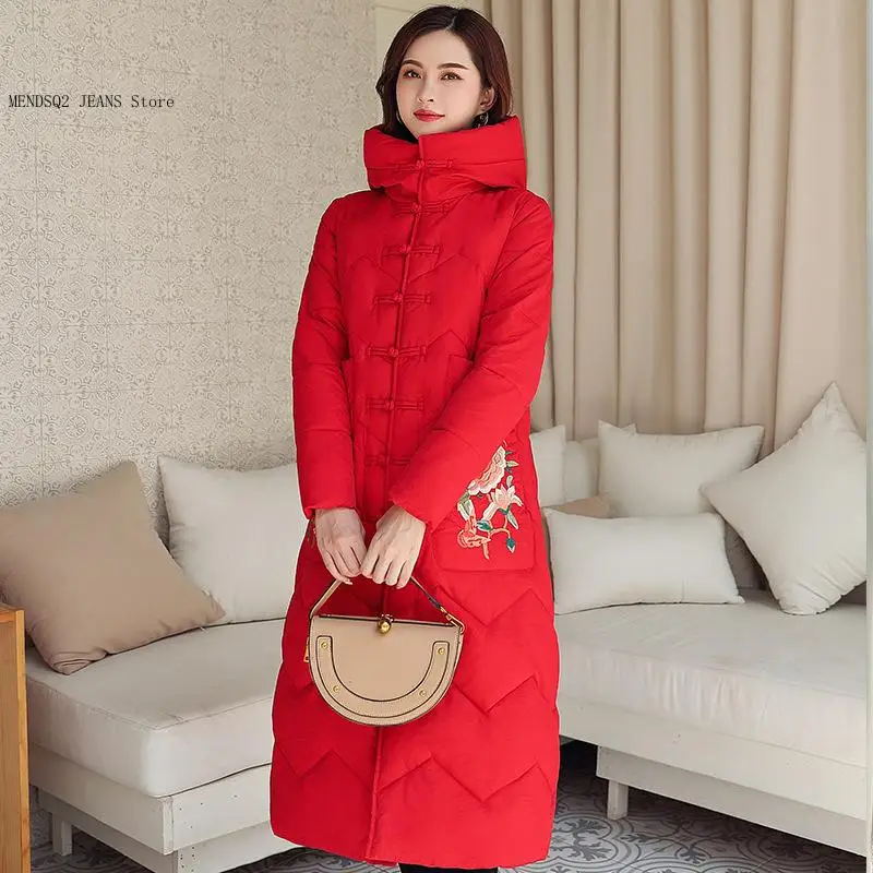 Winter Retro Ethnic Style Embroidery Long Over The Knee Chinese Style Jacket Cotton Jacket for Women